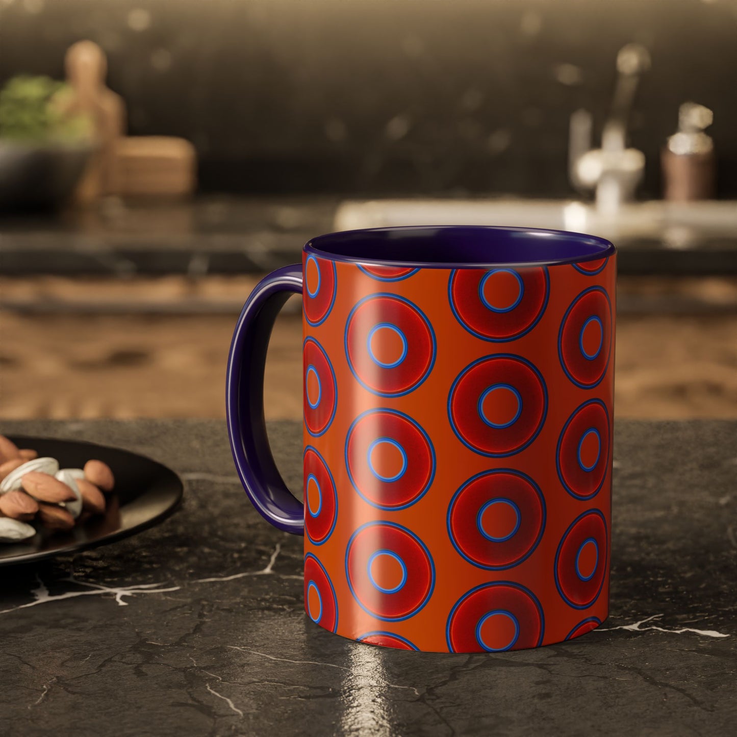 Lump's Grumpy Coffee Mug - vivid red donuts w/dark orange background
