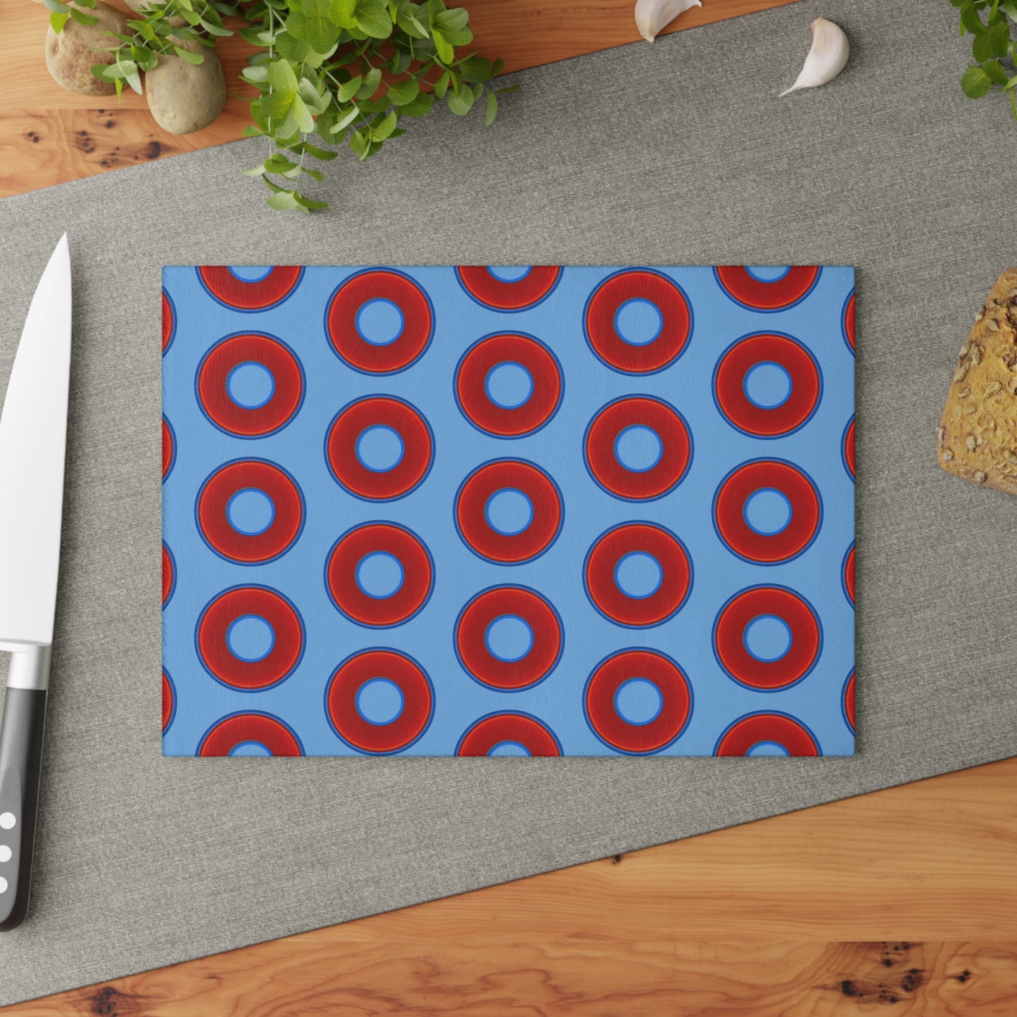 My Friend's Cutting Board - vivid red donuts w/light blue background