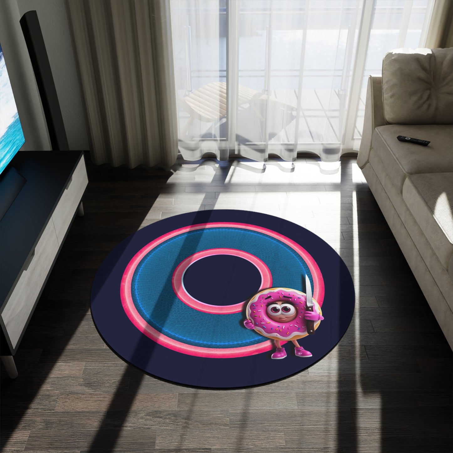 Round Room - 5 ft x 5 ft Lumpy Donut Rug - "My Phriend the Donut Rug" - rustic blue/pink donut w/dark navy background - variant 2