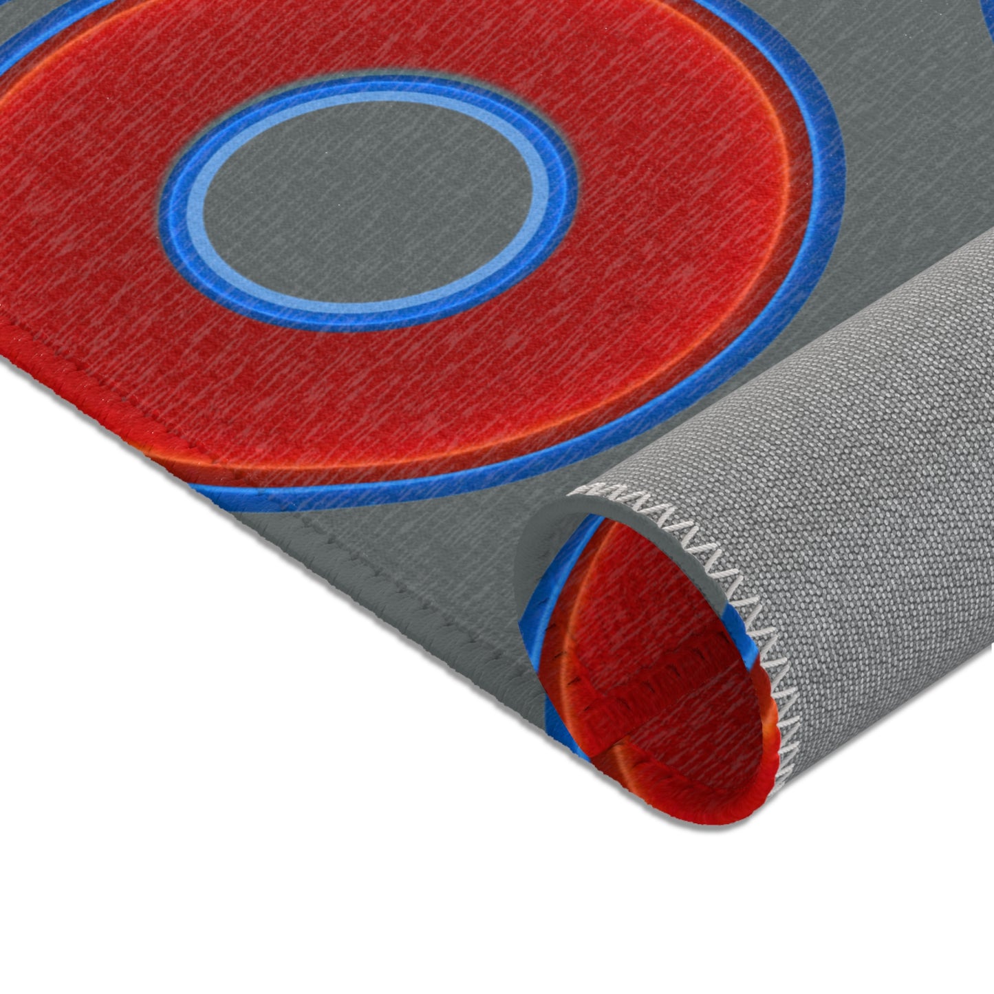 Lumpy Donut Print Rug - choice of 3 sizes - vivid red donut print w/dark gray background