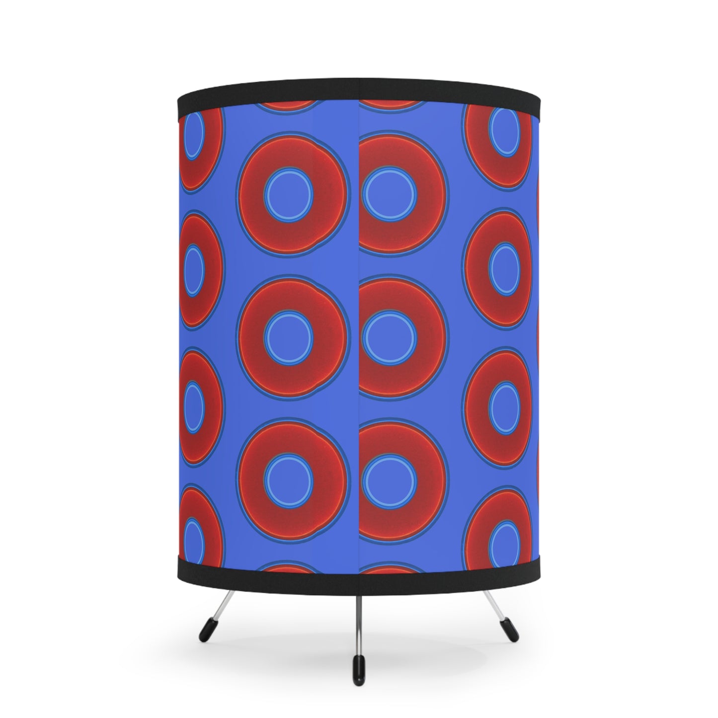 Lumpy Tripod Donut Lamp - vivid red donuts w/royal blue background