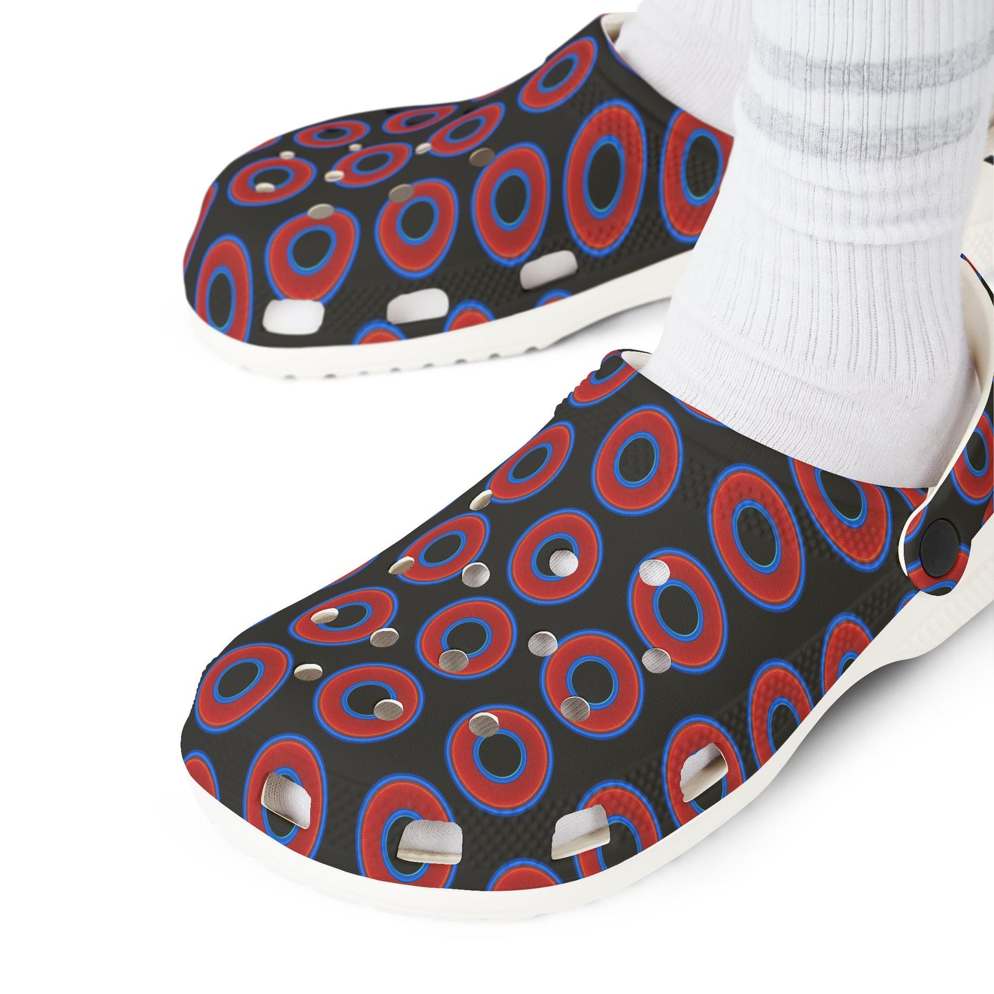 Spatchcocks - donut slip-on shoes - red rustic donuts w/black background [unisex]