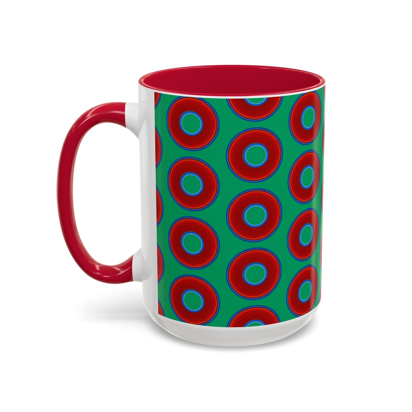 Lump's Grumpy Coffee Mug - vivid red donuts w/jade green background