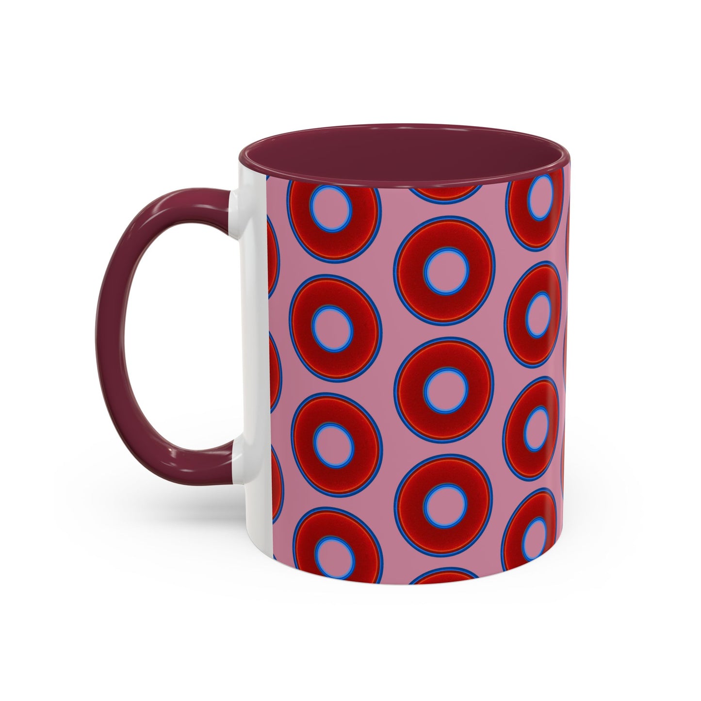 Lump's Grumpy Coffee Mug - vivid red donuts w/pink background