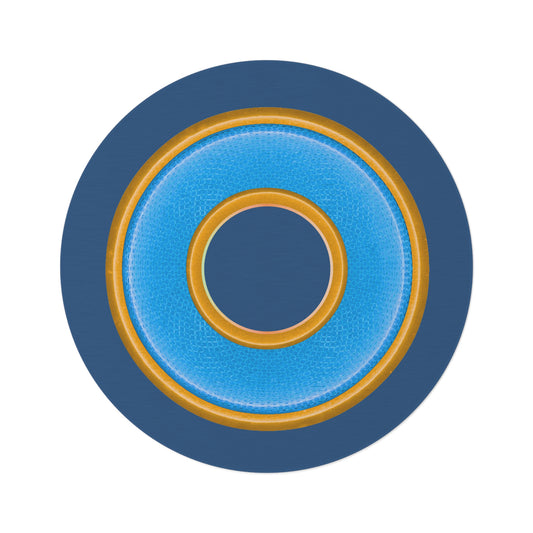 Round Room - 5 ft x 5 ft Lumpy Donut Rug - "Plain Donut" - rustic light blue/yellow donut w/light navy background