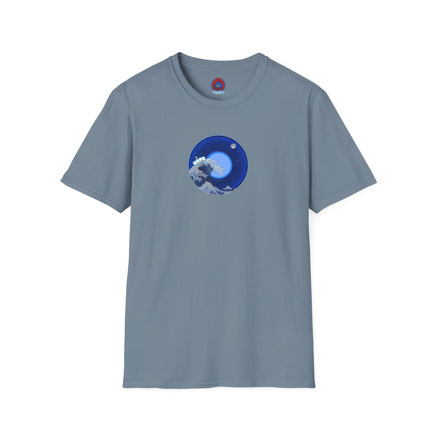 Classic Donut Tee - Unisex Soft-Style - "The Hopeful Waving Donut" - variant 2 - vivid blue donut