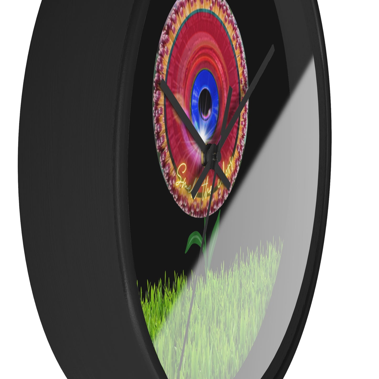 Lumpy Wall Clock - "Smell the Donuts Outside" - variant 2 - red vivid flour donut w/black background