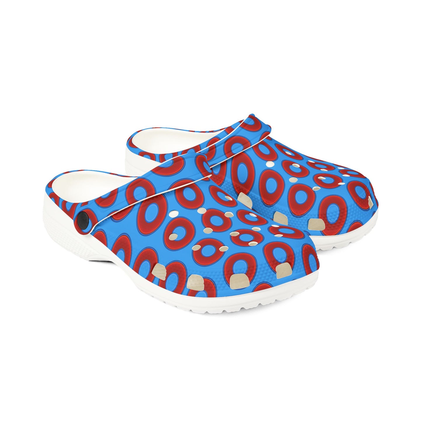 Spatchcocks - donut slip-on shoes - vivid red donuts w/sky royal blue background [unisex]