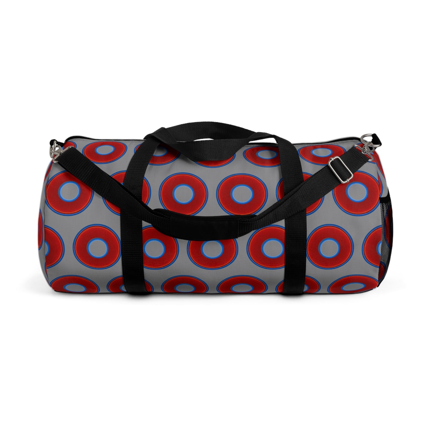 Lumpy Duffel - vivid red donuts w/gray background