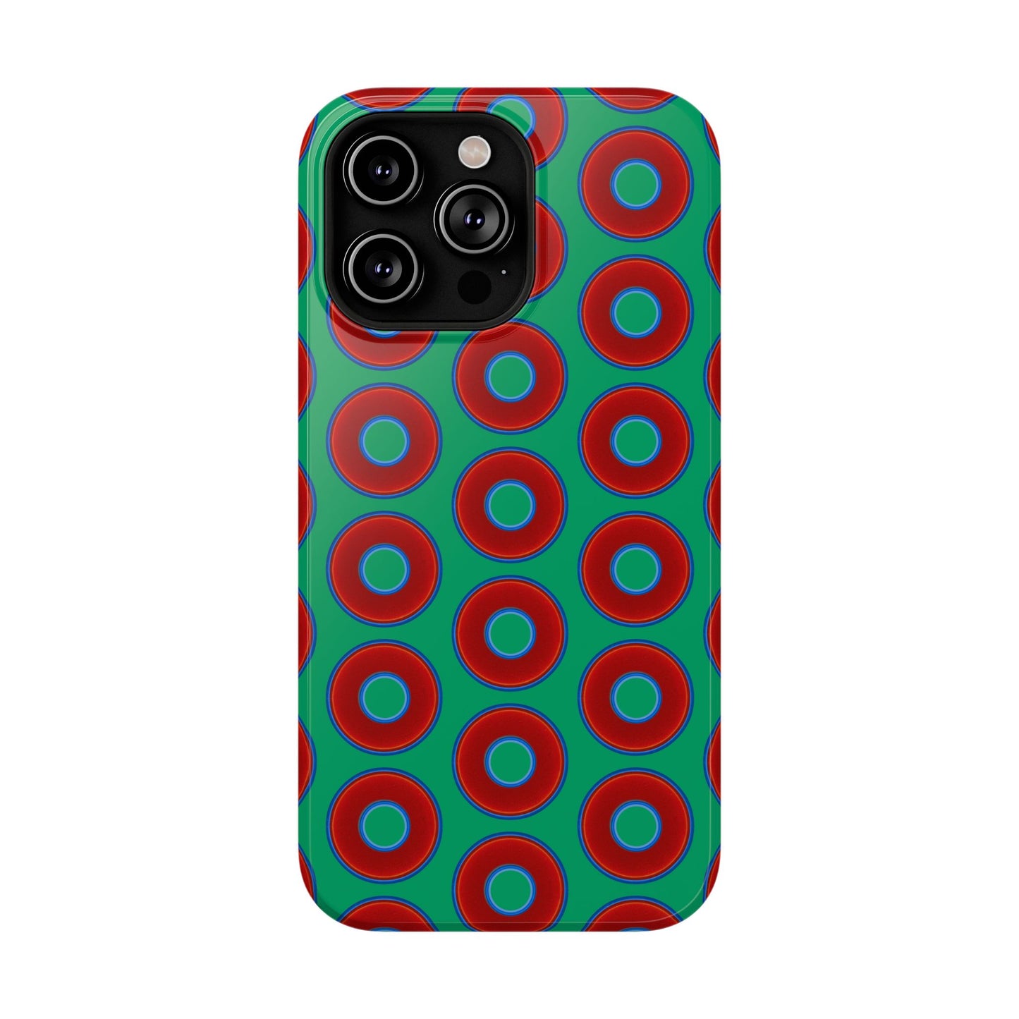 Impact-Resistant Lumpy Donut Case - red vivid donut print w/jade green background