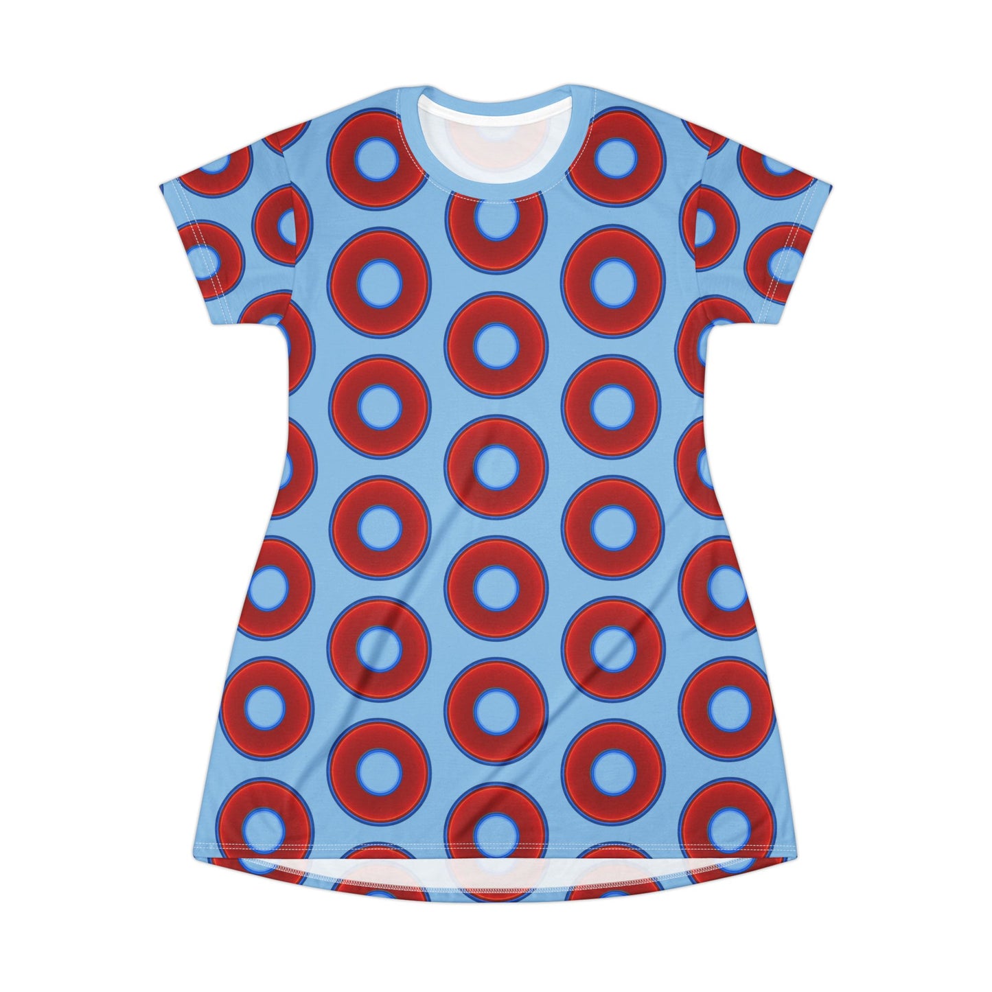 Not a Muumuu AOP Tee Shirt Dress - red vivid donuts w/sky blue background