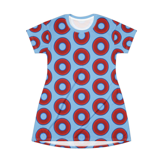 Not a Muumuu AOP Tee Shirt Dress - red vivid donuts w/sky blue background