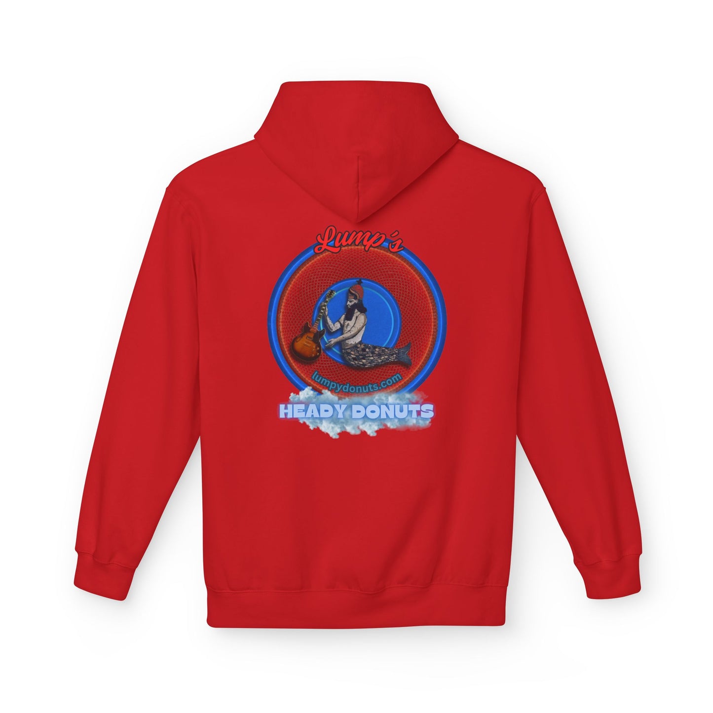 Unisex Fleece Hoodie - [Midweight Soft-style] - "Lump's Heady Logo" - w/rustic red donuts