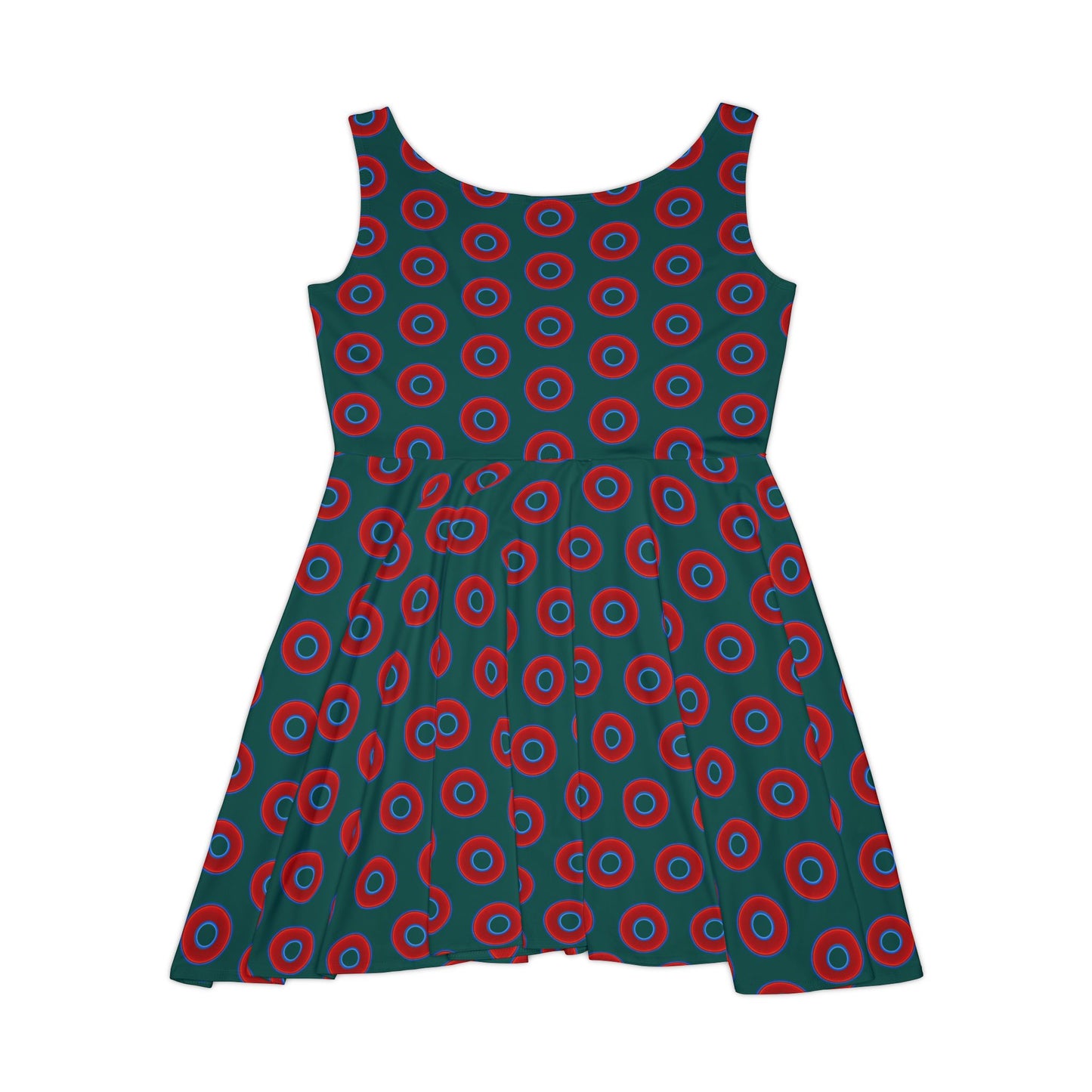 Women's Skater Donut Dress - vivid red donut print w/dark Fenway green background