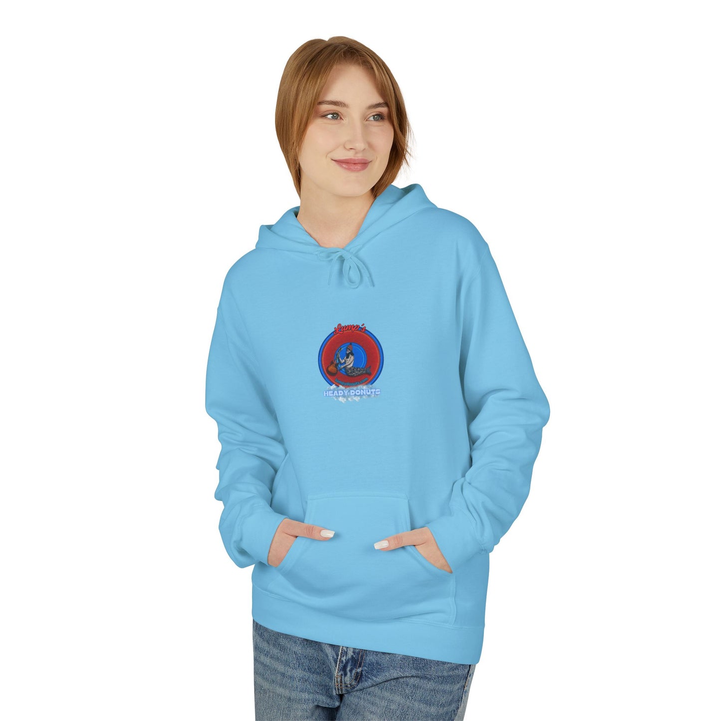 Unisex Fleece Hoodie - [Midweight Soft-style] - "Lump's Heady Logo" - w/rustic red donuts