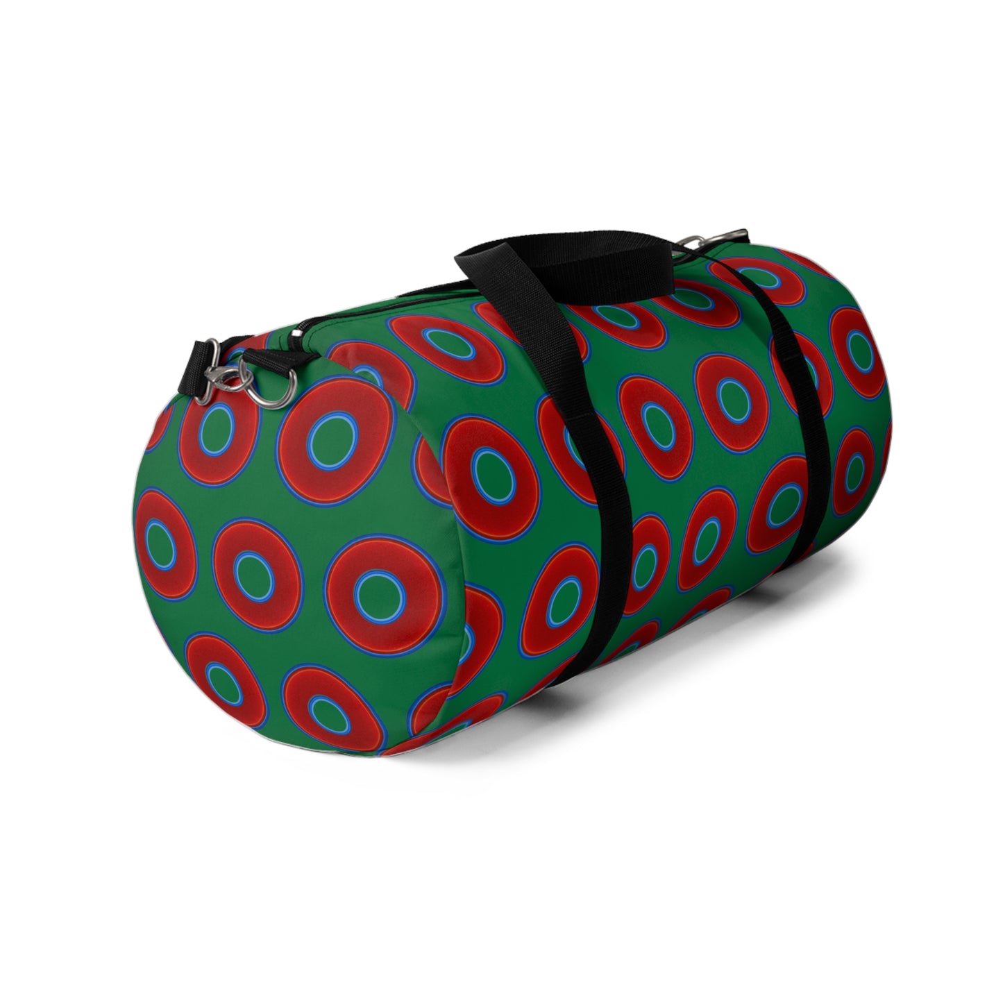 Lumpy Duffel - vivid red donuts w/green background