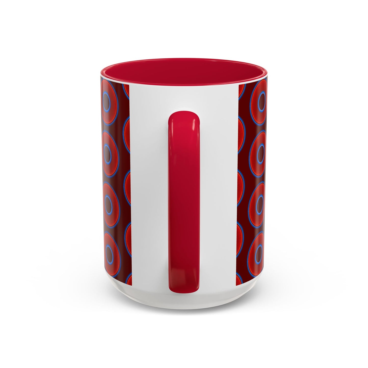 Lump's Grumpy Coffee Mug - vivid red donuts w/dark red background