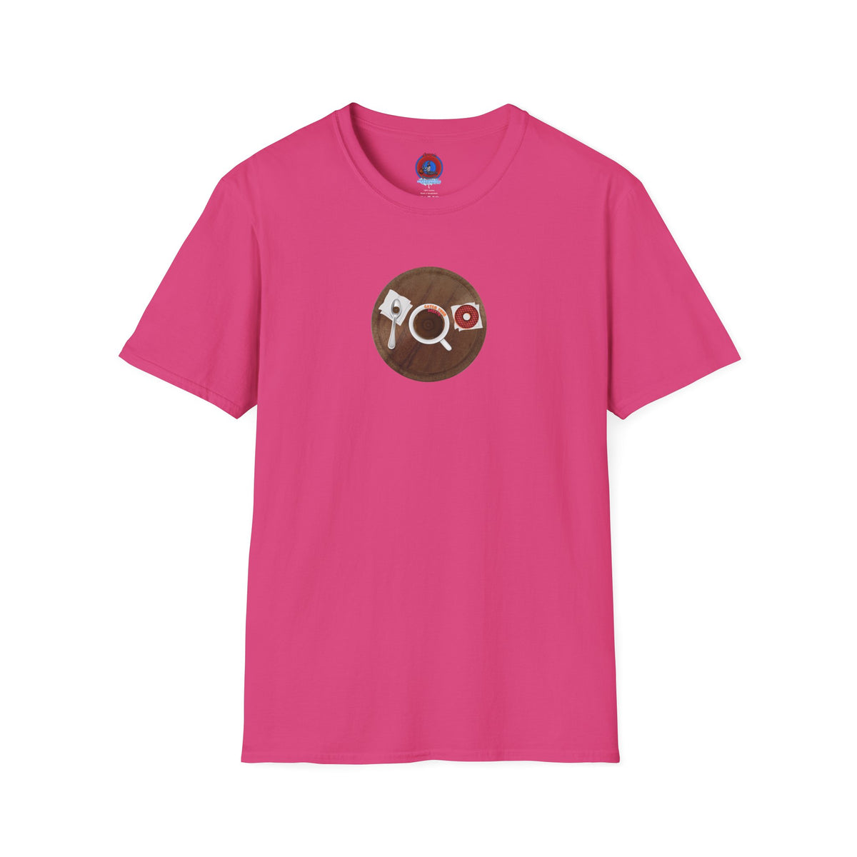 Classic Donut Tee - Unisex Soft-Style - "Coffee With My Donuts" - wooden table donut