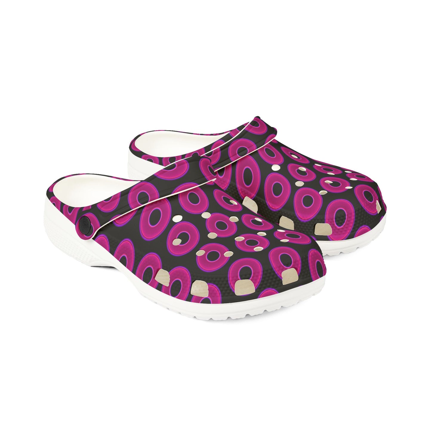 Spatchcocks - donut slip-on shoes - vivid magenta donuts w/black background [unisex]