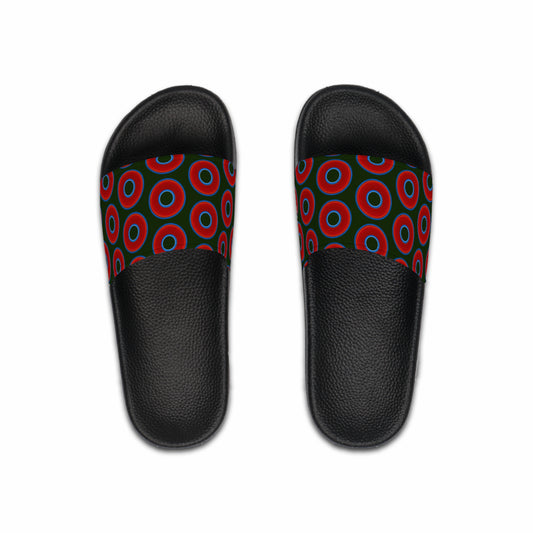 Men's Lumpy Sandals - slip-ons - red vivid donuts w/deep forest green background