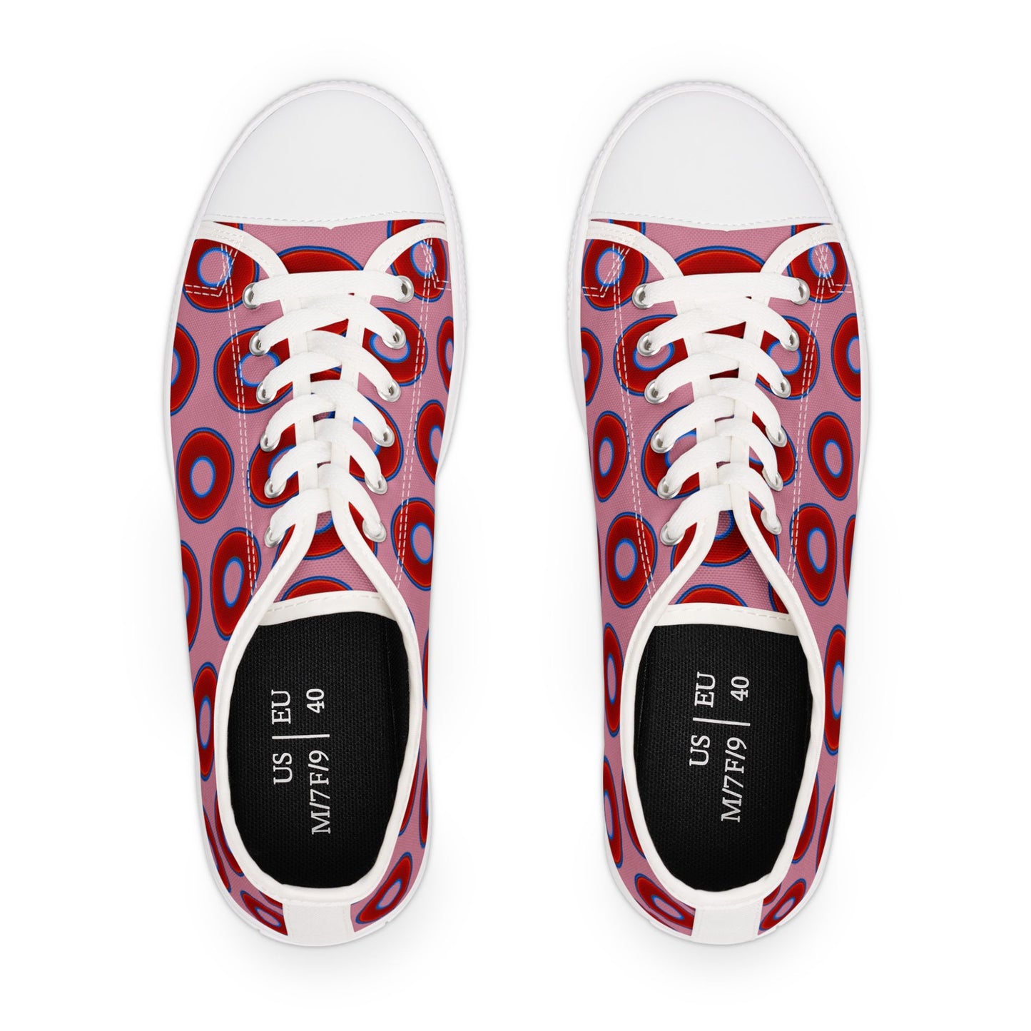 Women's - Low Top Chuck Taylors - large vivid red donut print w/pale magenta background