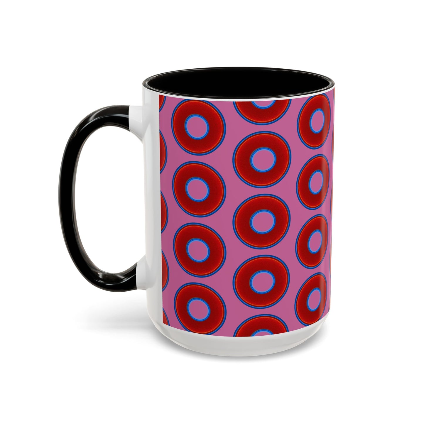 Lump's Grumpy Coffee Mug - vivid red donuts w/pink background