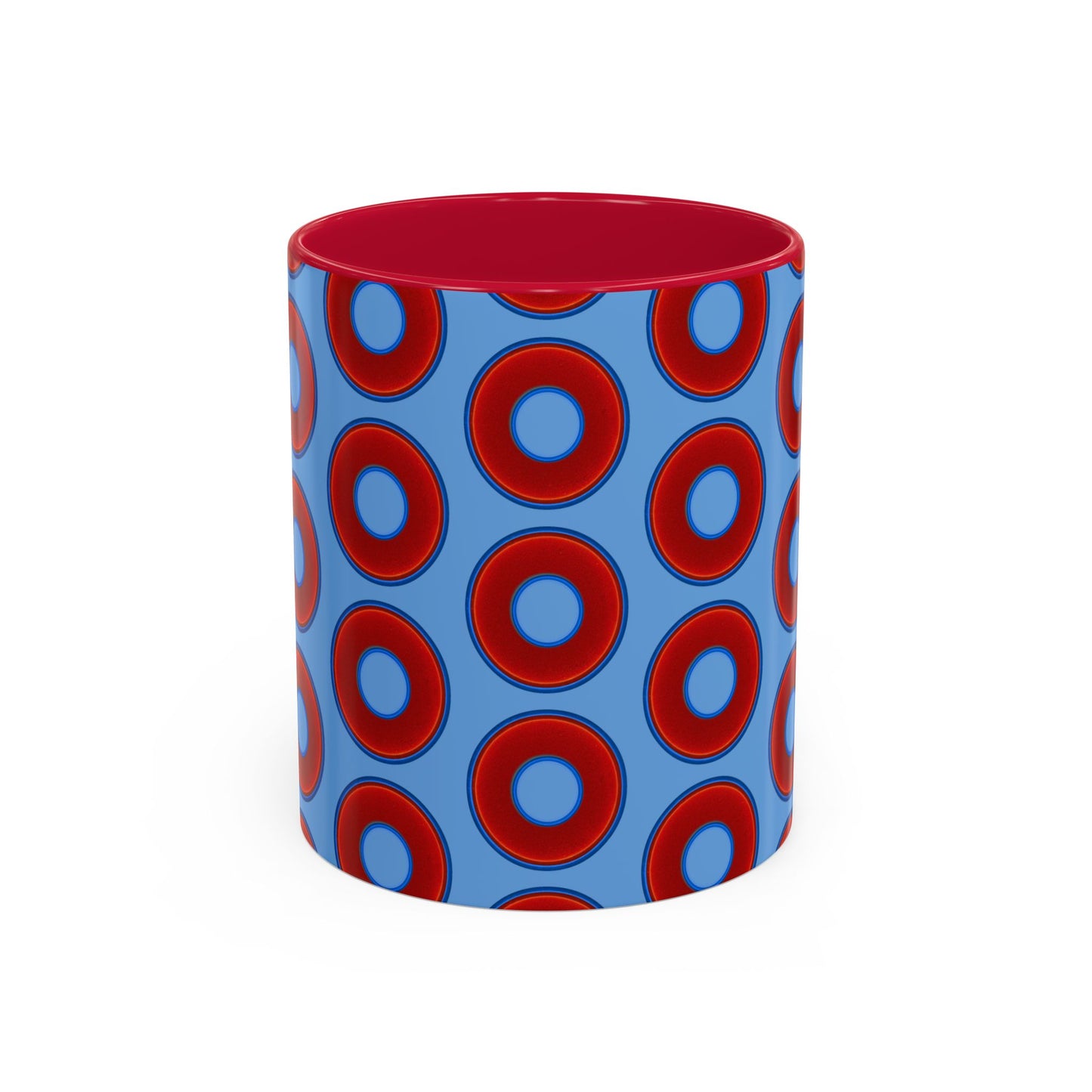 Lump's Grumpy Coffee Mug - vivid red donuts w/light blue background