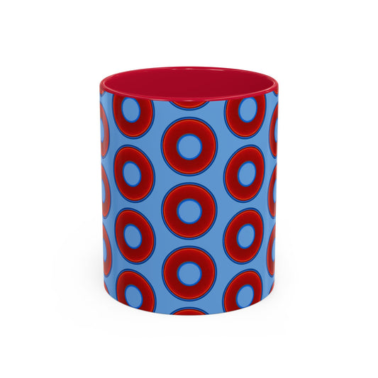 Lump's Grumpy Coffee Mug - vivid red donuts w/light blue background