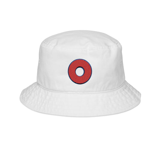 Embroidered Donut Bucket Hat - w/red donut outlined in blue