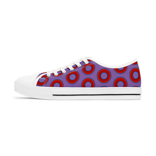 Women's - Low Top Chuck Taylors - large vivid red donut print w/light purple background