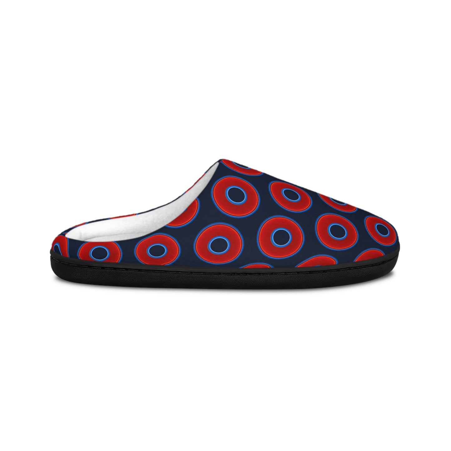 Women's Lumpy Slippers - red vivid donut print w/dark teal elite background