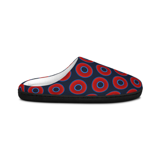 Women's Lumpy Slippers - red vivid donut print w/dark teal elite background