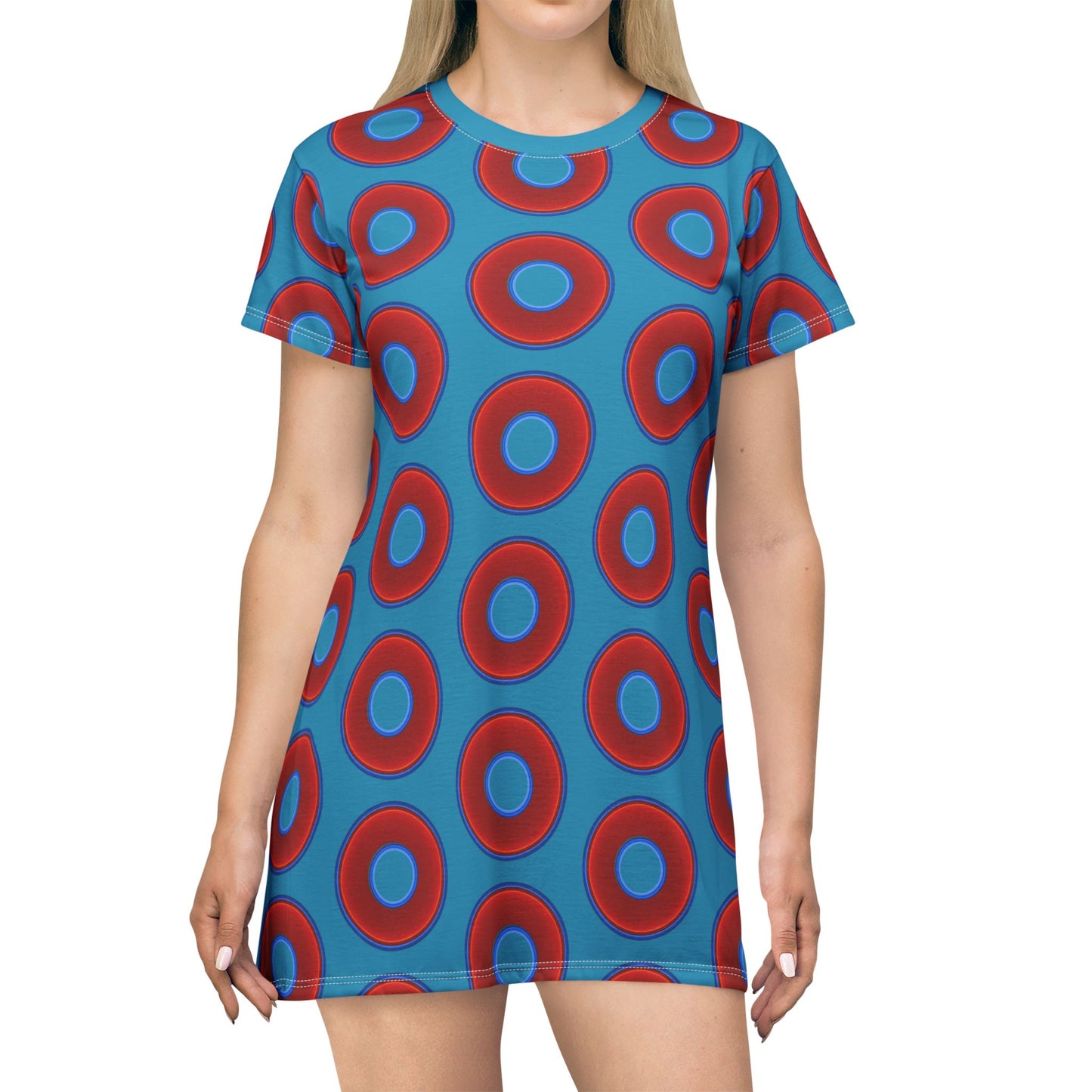 Not a Muumuu AOP Tee Shirt Dress - red vivid donuts w/aquamarine blue background