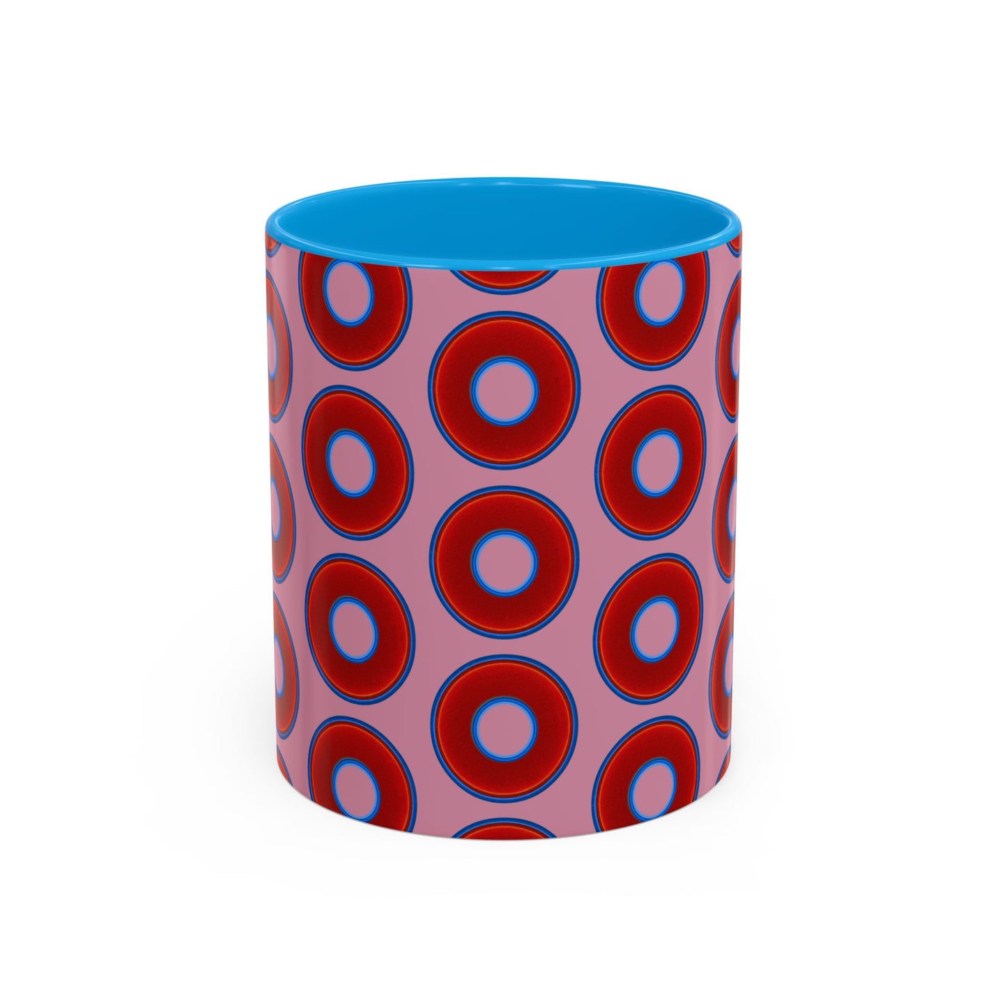 Lump's Grumpy Coffee Mug - vivid red donuts w/pink background