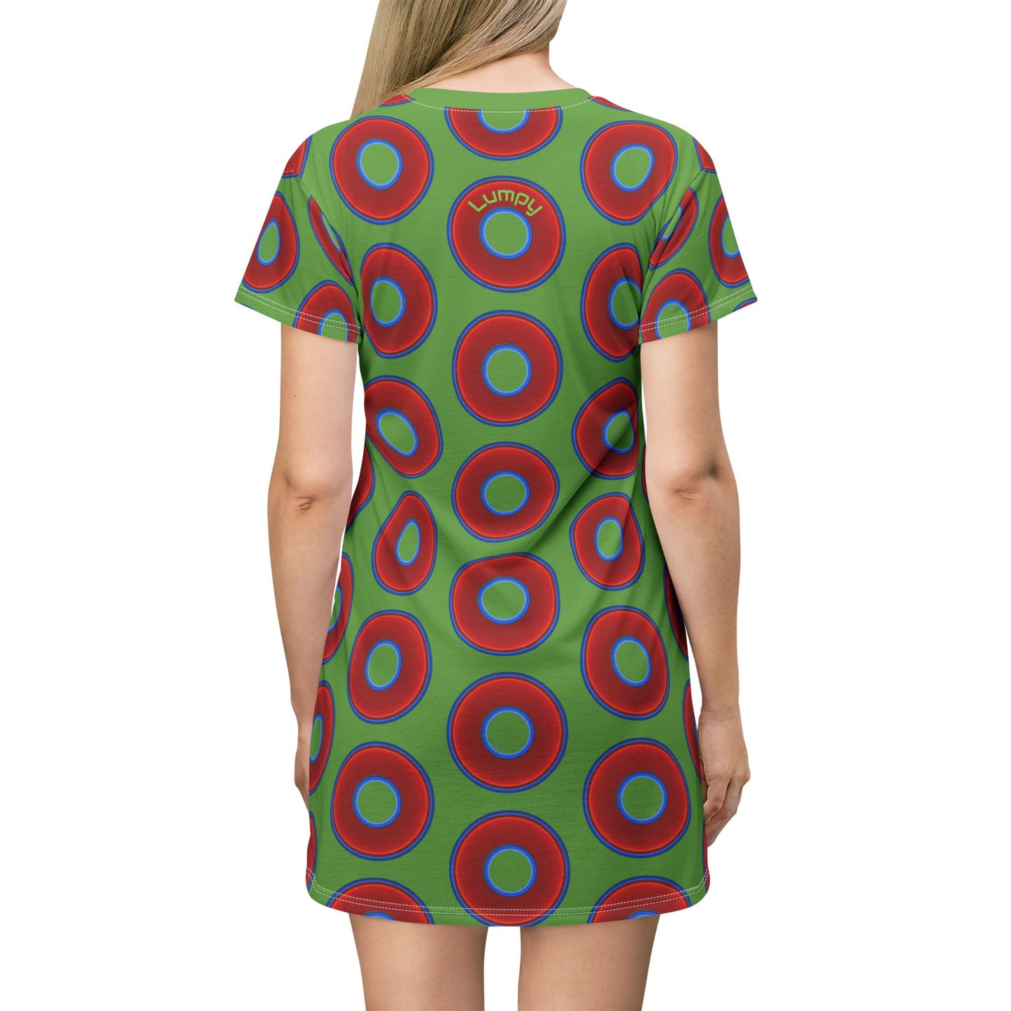 Not a Muumuu AOP Tee Shirt Dress - red vivid donuts w/light green background