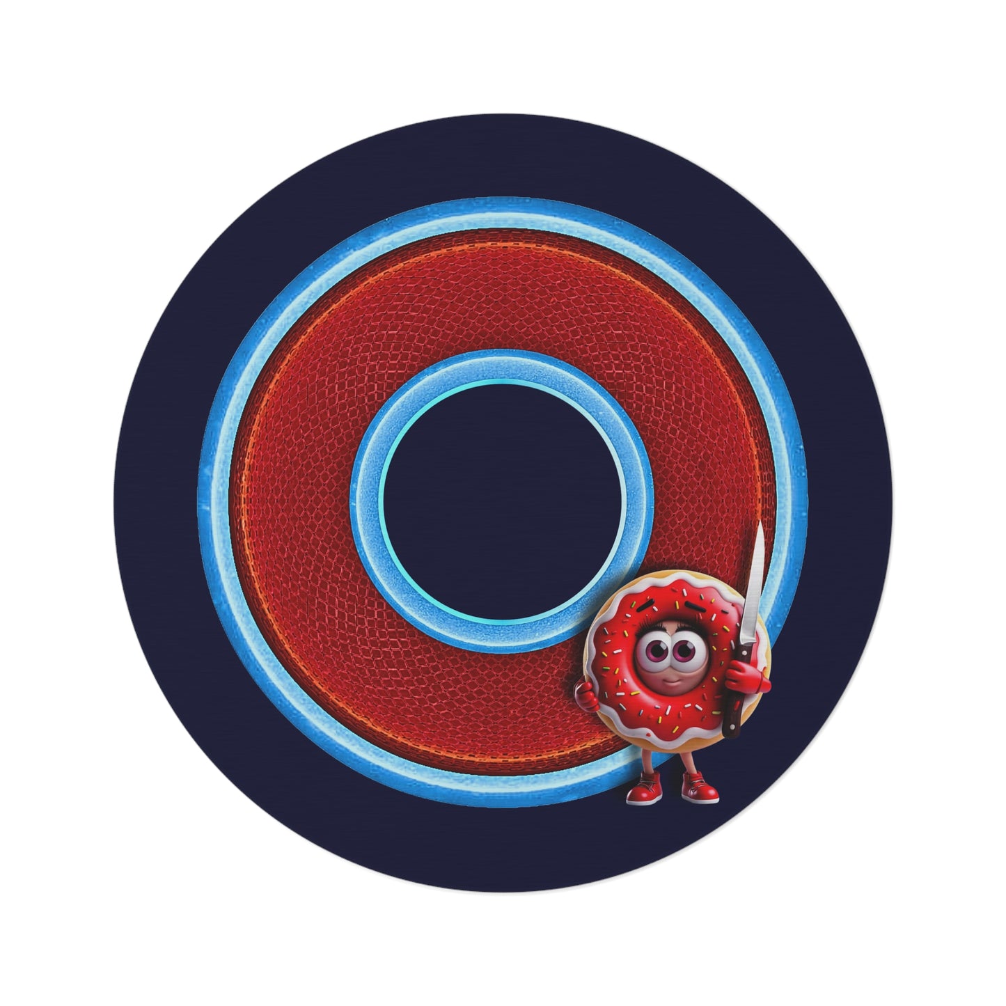 Round Room - 5 ft x 5 ft Lumpy Donut Rug - "My Phriend the Donut Rug" - rustic red/blue donut w/dark navy background - variant 1