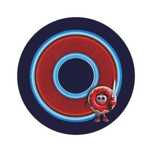Round Room - 5 ft x 5 ft Lumpy Donut Rug - "My Phriend the Donut Rug" - rustic red/blue donut w/dark navy background - variant 1