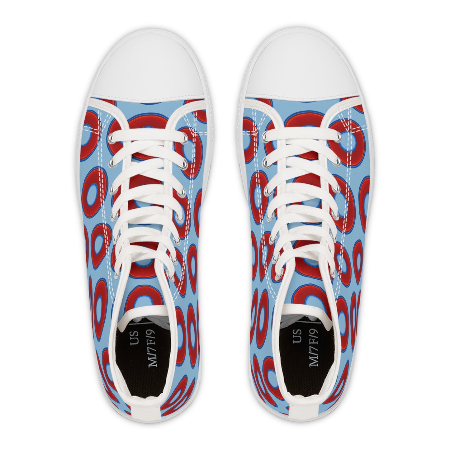 Women's High Top Chuck Taylors - large vivid red donut print w/light blue background