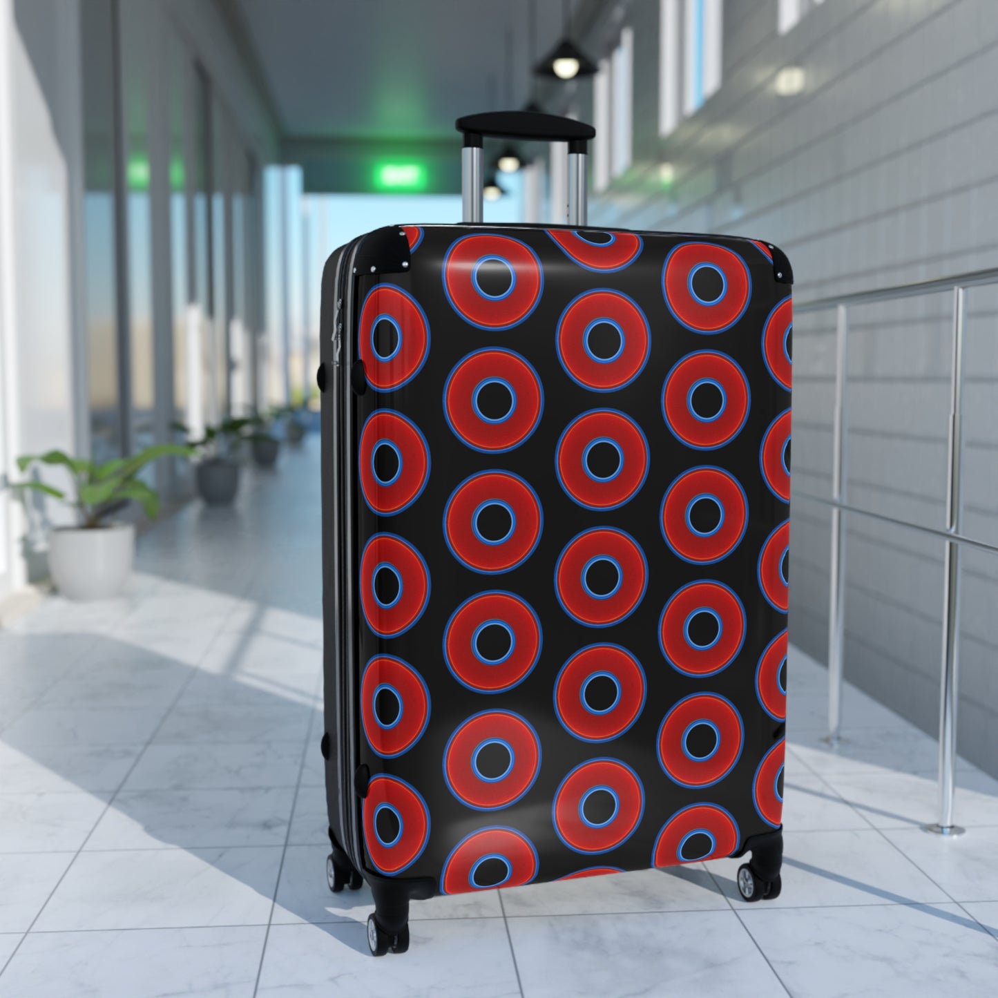 The Very Lumpy Donut Suitcase series - your choice of S, M or L - vivid red donut print w/black background