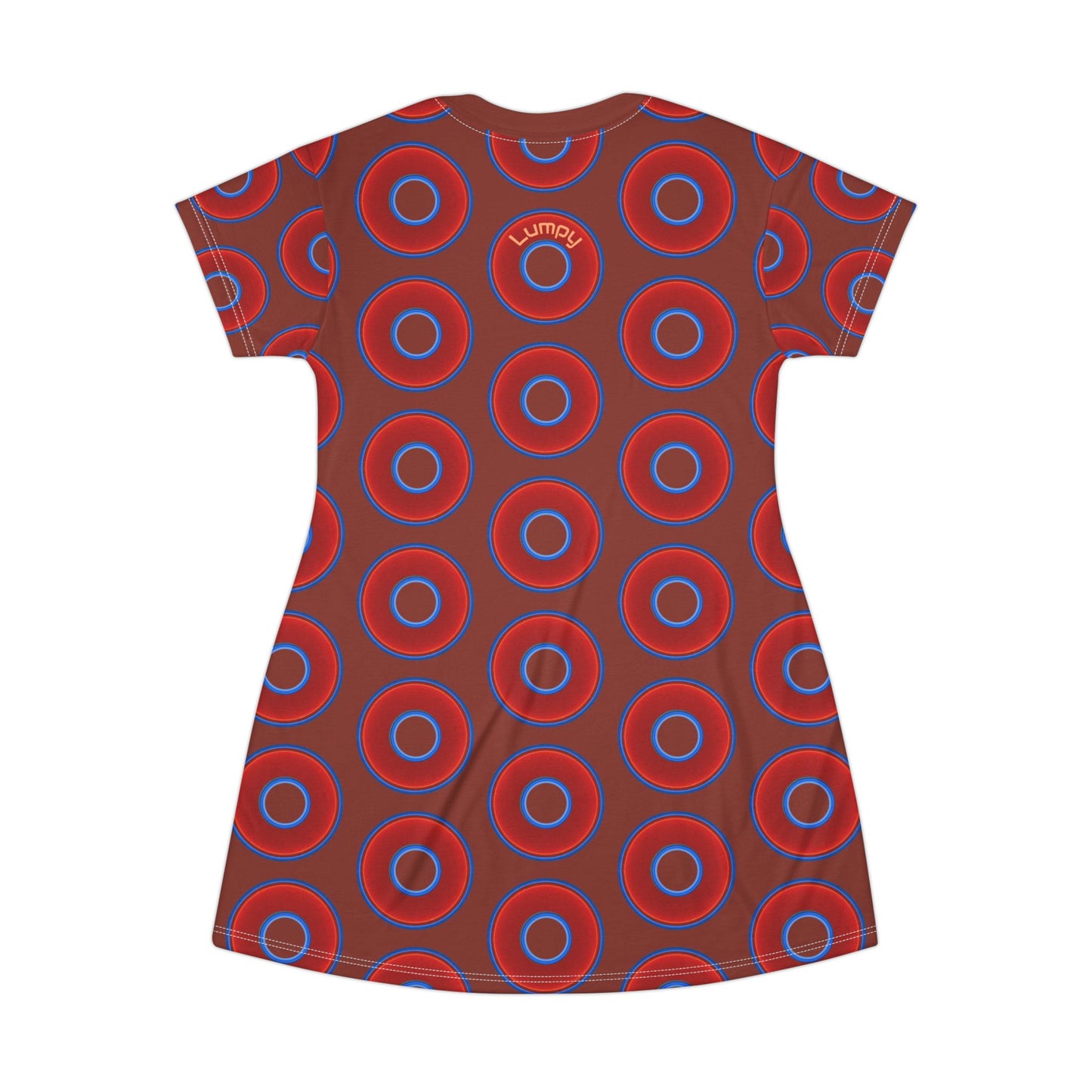 Not a Muumuu AOP Tee Shirt Dress - red vivid donuts w/burnt umber background