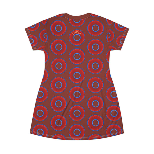 Not a Muumuu AOP Tee Shirt Dress - red vivid donuts w/burnt umber background