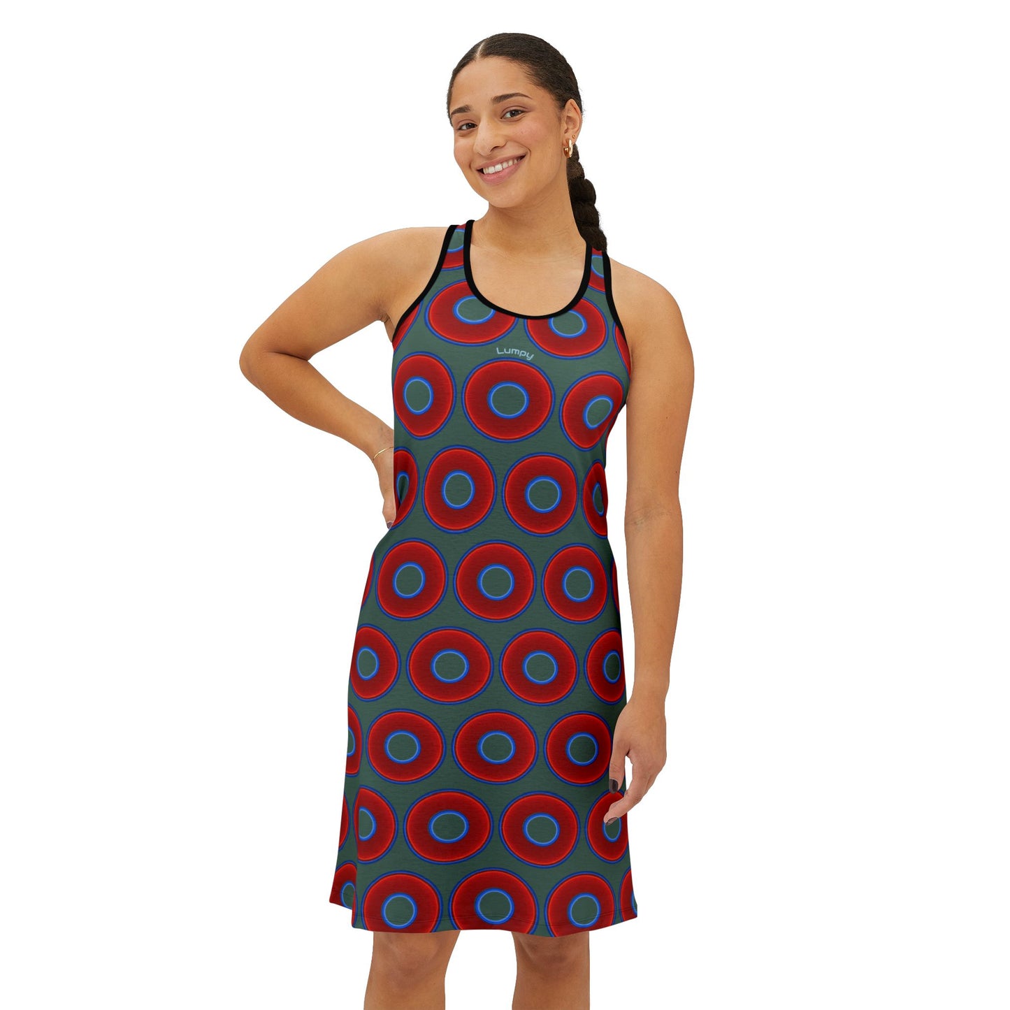 Tela's Lumpy Racerback Donut Dress - red vivid donut print w/Fenway green background