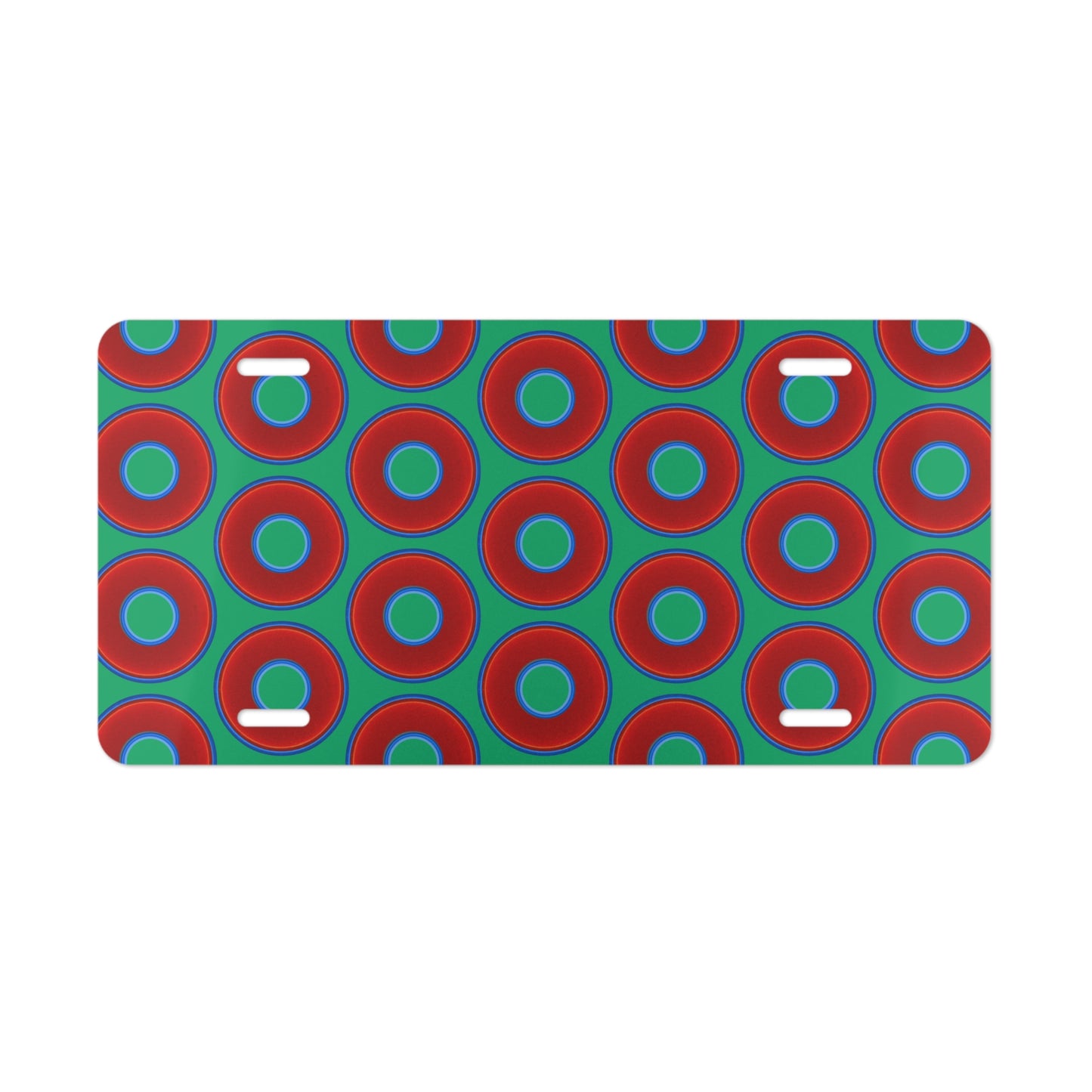 Lumpy Donut Vanity Plate - red vivid donut print w/jade green background