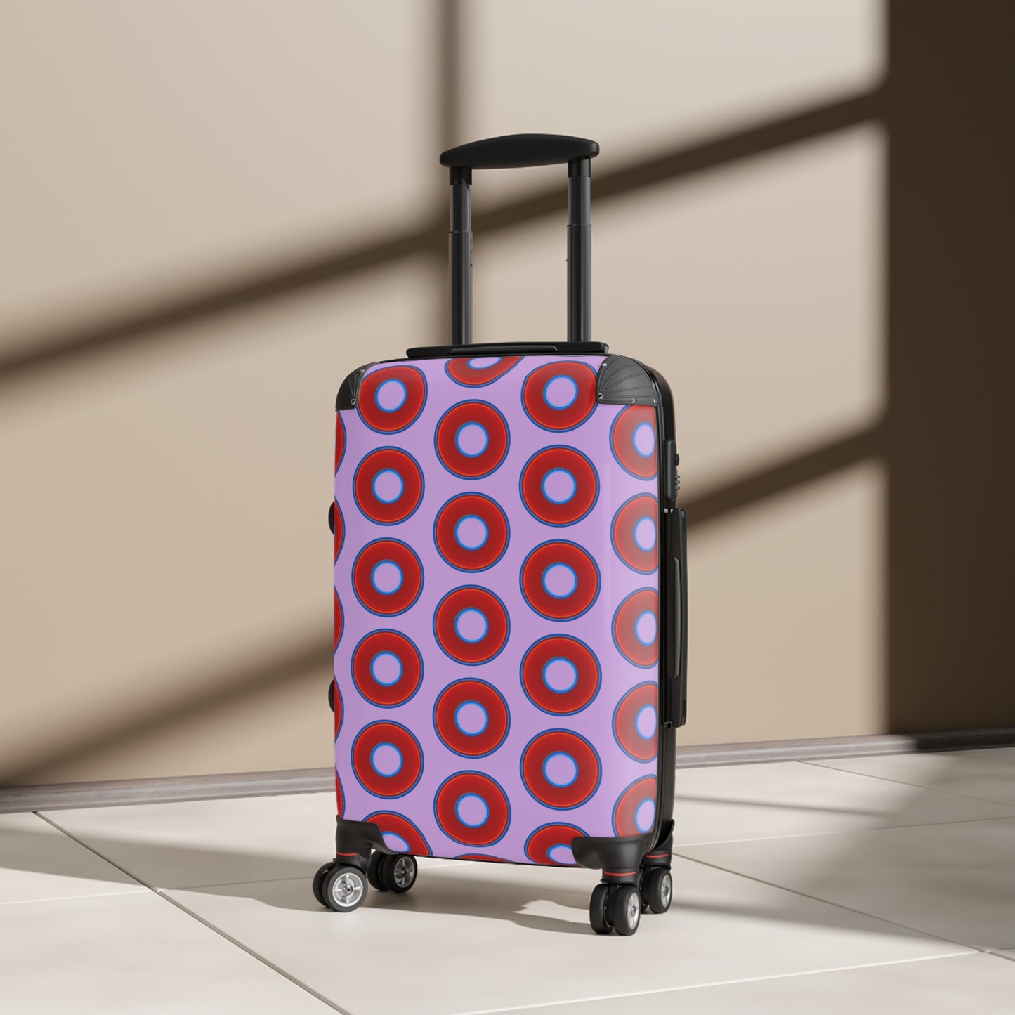 The Very Lumpy Donut Suitcase series - your choice of S, M or L - vivid red donut print w/wisteria purple background