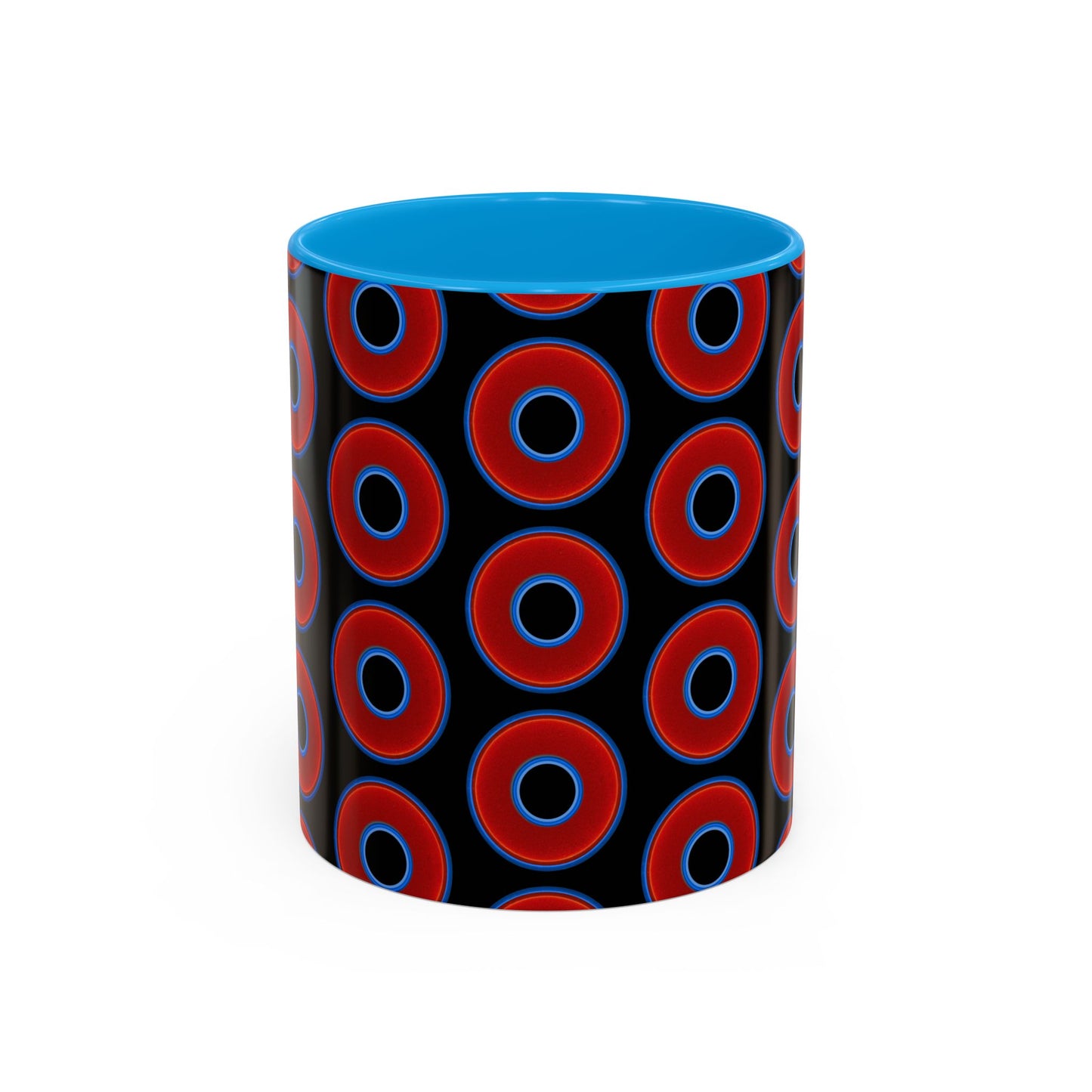 Lump's Grumpy Coffee Mug - vivid red donuts w/black background