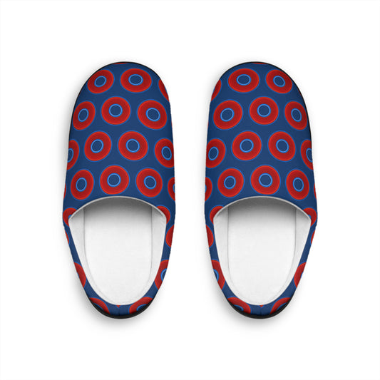 Women's Lumpy Slippers - red vivid donut print w/Atlantic Navy Blue background
