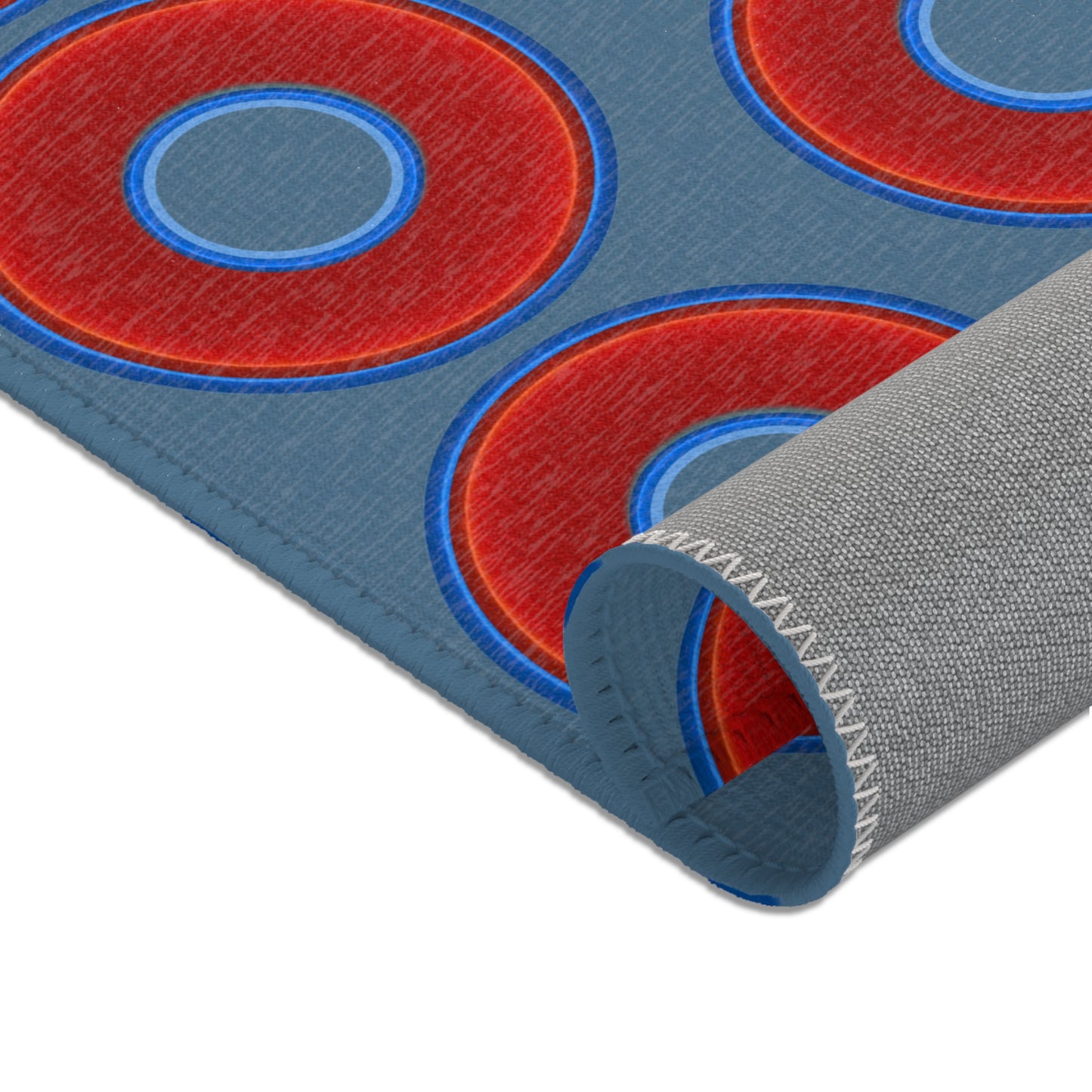 Lumpy Donut Print Rug - choice of 3 sizes - vivid red donut print w/steel blue background