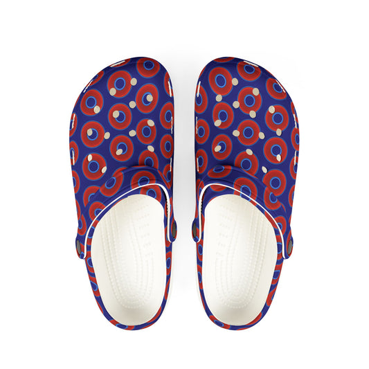 Spatchcocks - donut slip-on shoes - vivid red donuts w/vivid navy blue background [unisex]