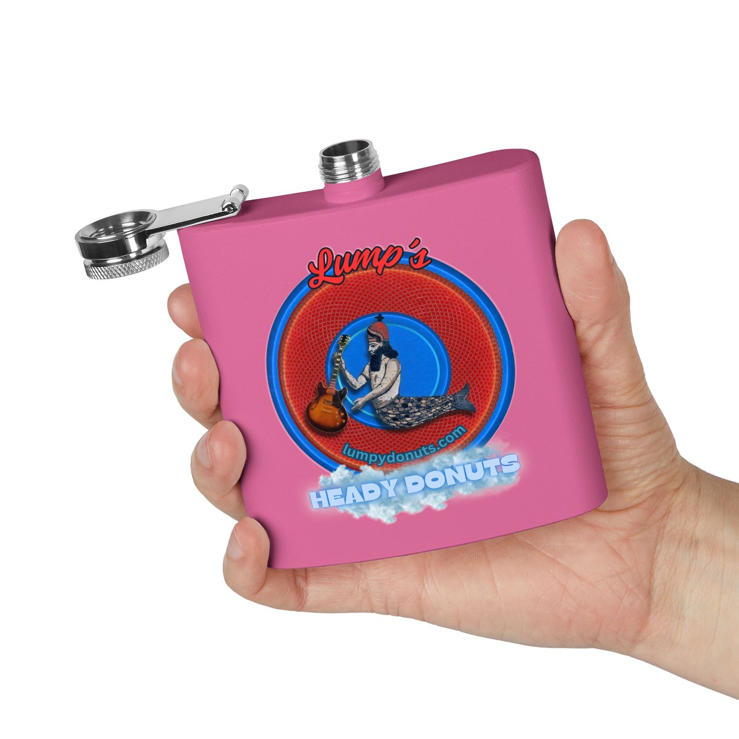 Lump's Donut Flask 6 oz -  "Lump's Heady Logo Flask" - red/blue rustic donut - [*w/your choice of 6 backgrounds]