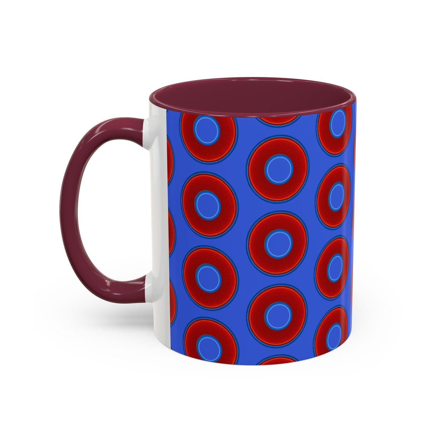 Lump's Grumpy Coffee Mug - vivid red donuts w/royal blue background